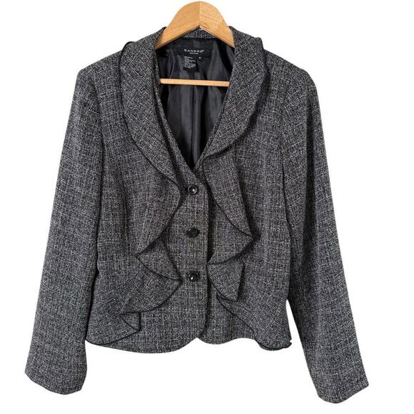 Sandro Sportswear Gray Tweed Blazer Ruffle Front, Size‎ Medium - Picture 1 of 10